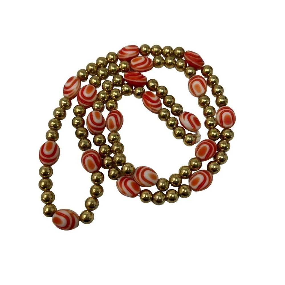 Vintage Handmade Necklace Orange‎ Swirl and Gold Tone Beads